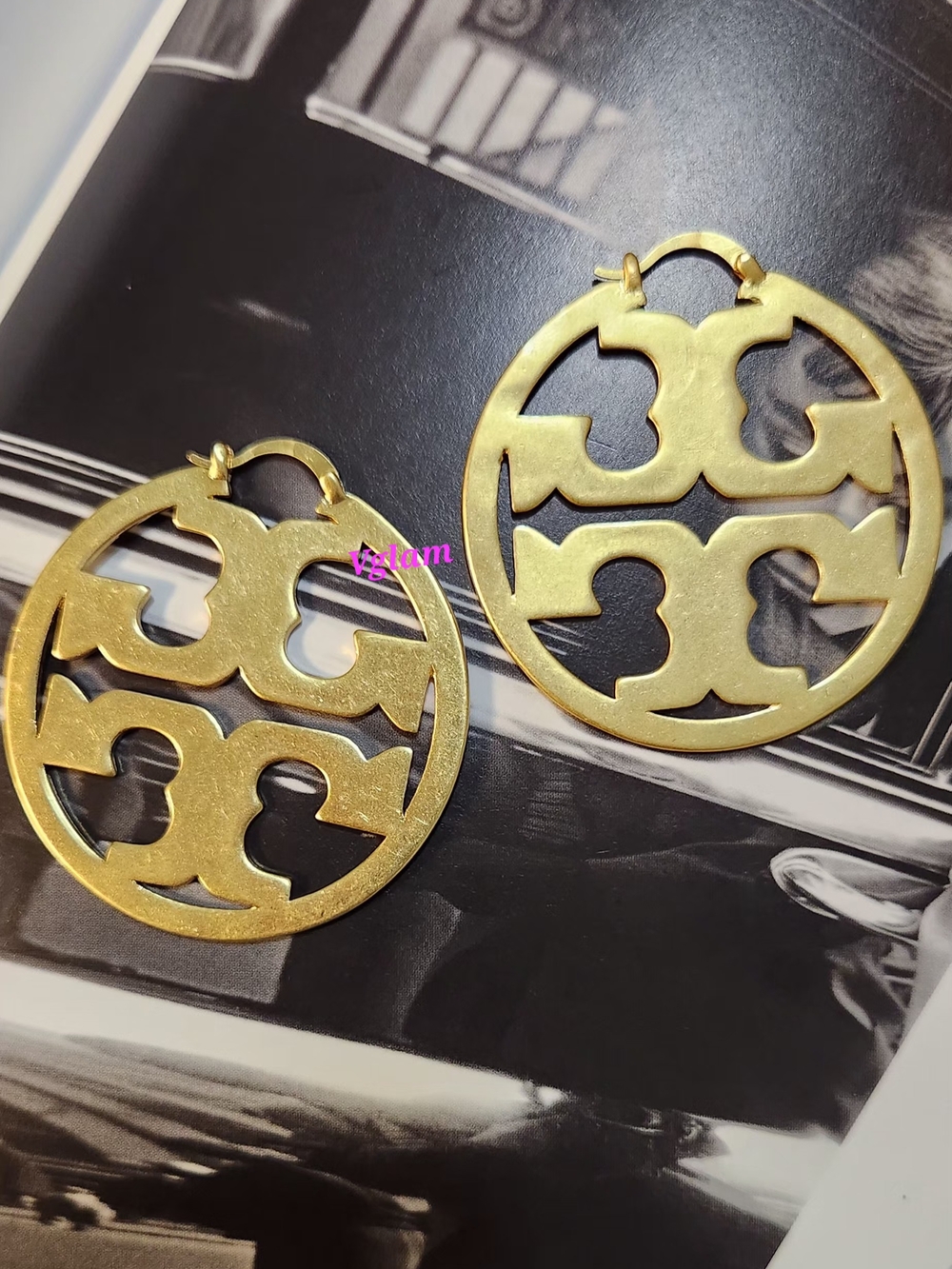 Gold Round Logo Cutout Hoop Earrings - Women Jewelry